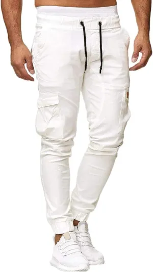 Mens Twill Cotton Joggers Cargo Pants Drawstring Cotton Slim Fit Chino Trousers Casual Fitness Track Jogging Pants