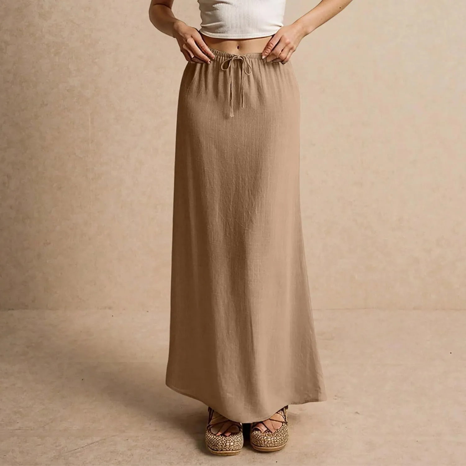 midelxp Linen Maxi Skirts for Women Trendy Summer Comfy Drawstring Waist A Line Skirts Cute Vacation Boho Long Flowy Skirts