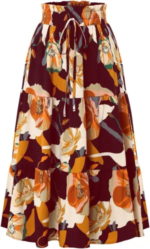 Midi Skirts for Women Trendy Solid Color Boho Elastic High Waist Pleated A-Line Flowy Swing Tiered Long Beach Skirt Dress