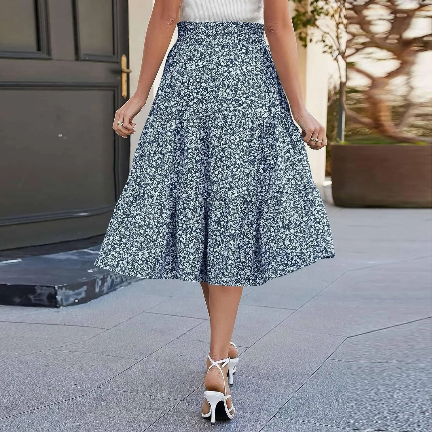 Midi Skirts for Women Trendy Solid Color Boho Elastic High Waist Pleated A-Line Flowy Swing Tiered Long Beach Skirt Dress