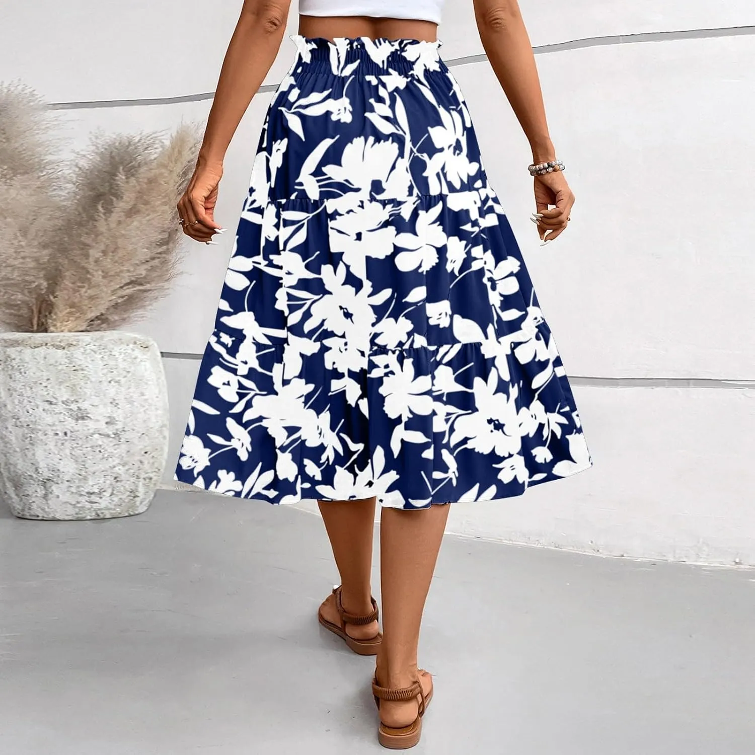 Midi Skirts for Women Trendy Solid Color Boho Elastic High Waist Pleated A-Line Flowy Swing Tiered Long Beach Skirt Dress