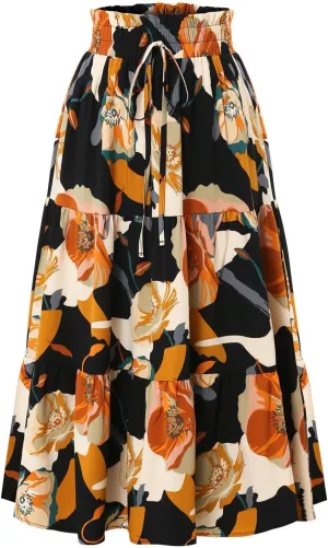 Midi Skirts for Women Trendy Solid Color Boho Elastic High Waist Pleated A-Line Flowy Swing Tiered Long Beach Skirt Dress