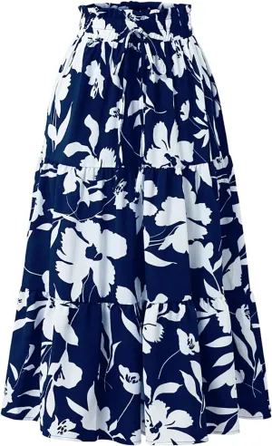 Midi Skirts for Women Trendy Solid Color Boho Elastic High Waist Pleated A-Line Flowy Swing Tiered Long Beach Skirt Dress