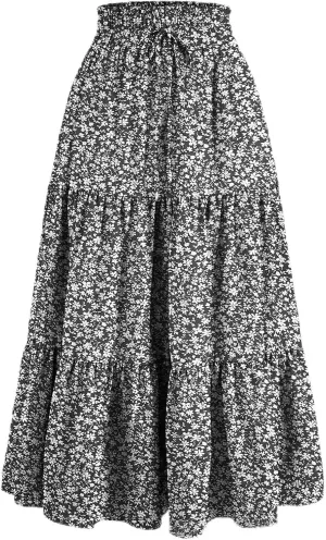 Midi Skirts for Women Trendy Solid Color Boho Elastic High Waist Pleated A-Line Flowy Swing Tiered Long Beach Skirt Dress