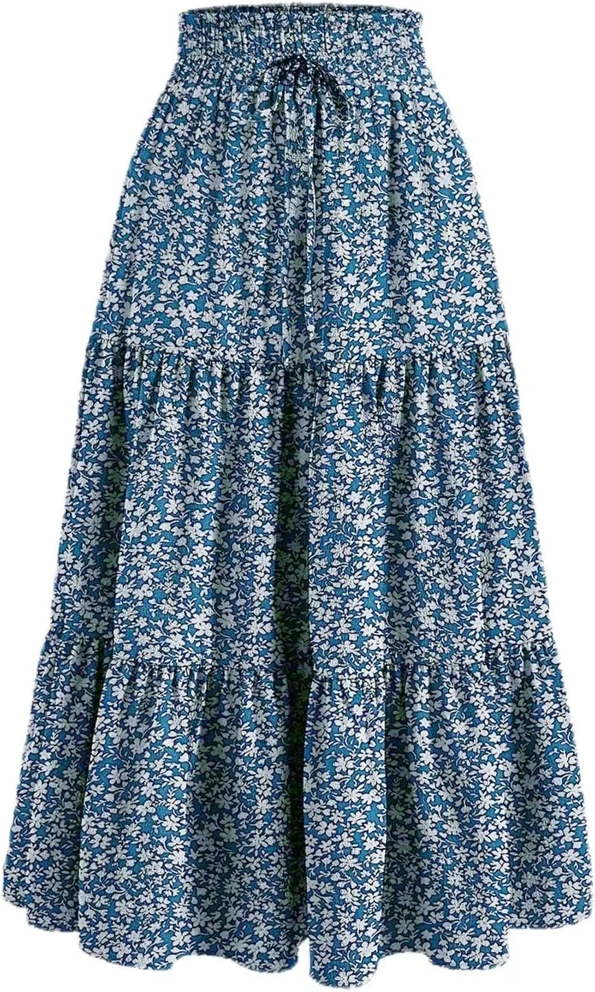 Midi Skirts for Women Trendy Solid Color Boho Elastic High Waist Pleated A-Line Flowy Swing Tiered Long Beach Skirt Dress