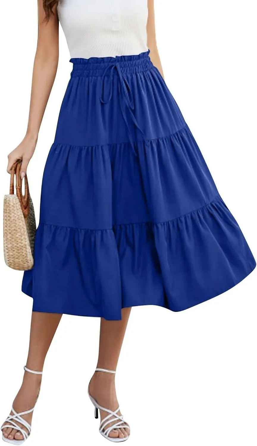 Midi Skirts for Women Trendy Solid Color Boho Elastic High Waist Pleated A-Line Flowy Swing Tiered Long Beach Skirt Dress