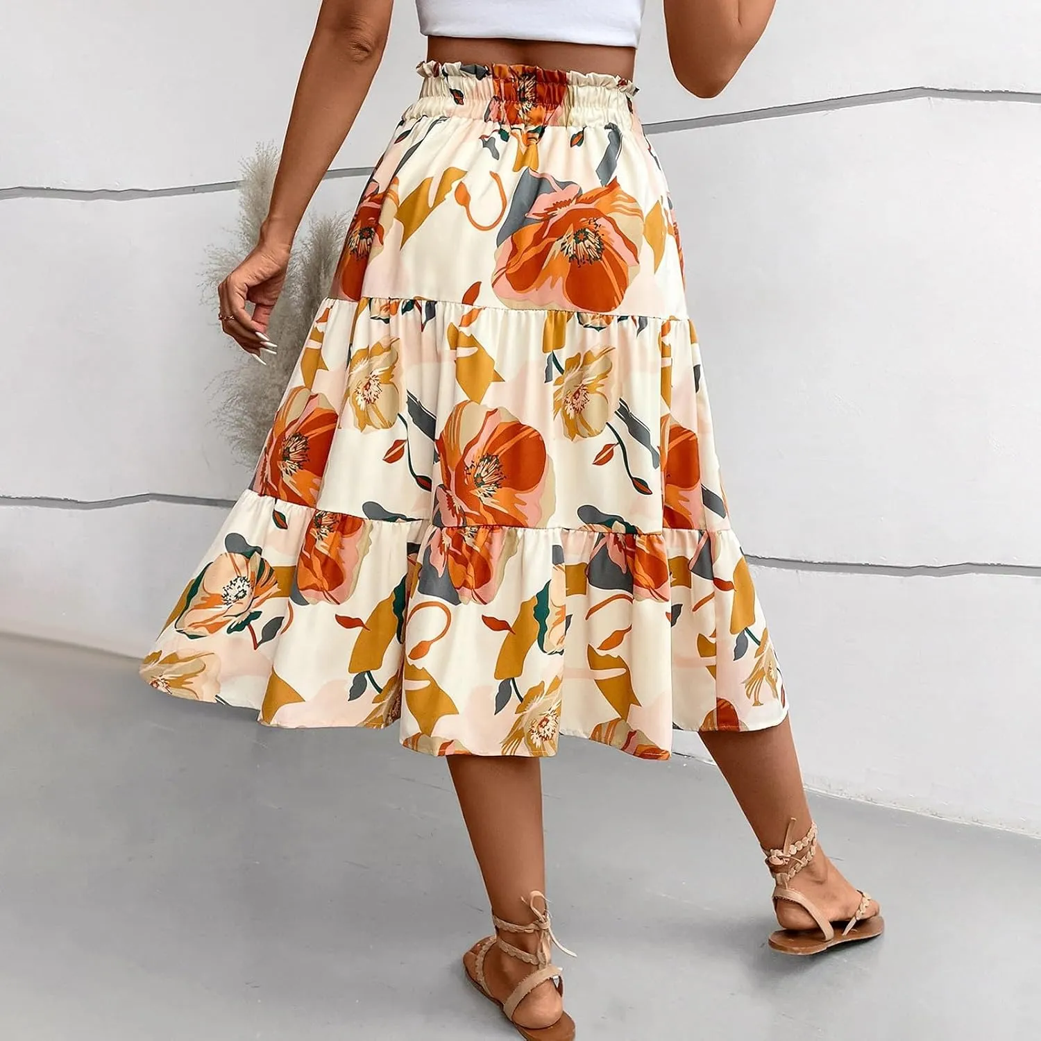 Midi Skirts for Women Trendy Solid Color Boho Elastic High Waist Pleated A-Line Flowy Swing Tiered Long Beach Skirt Dress