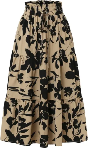 Midi Skirts for Women Trendy Solid Color Boho Elastic High Waist Pleated A-Line Flowy Swing Tiered Long Beach Skirt Dress