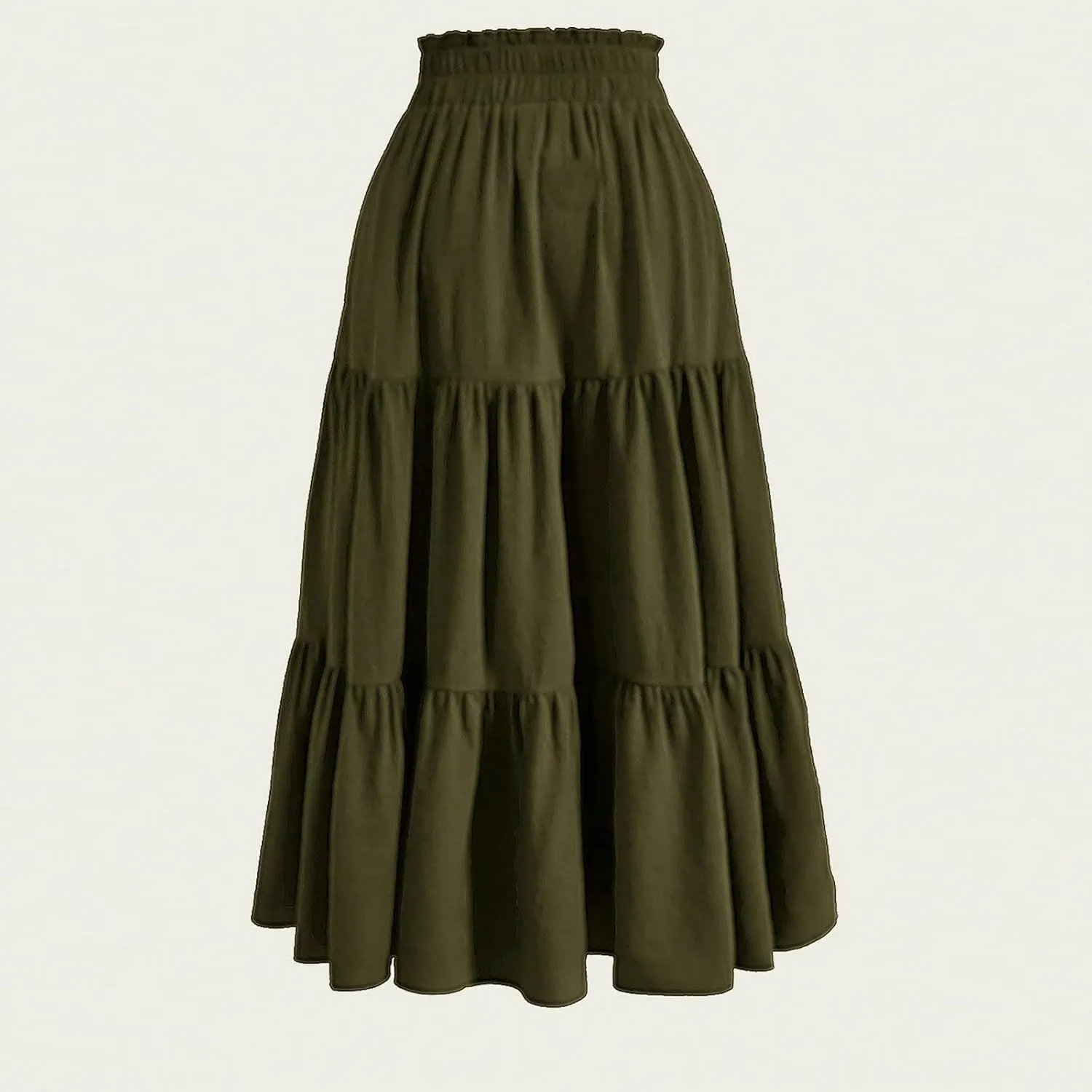 Midi Skirts for Women Trendy Solid Color Boho Elastic High Waist Pleated A-Line Flowy Swing Tiered Long Beach Skirt Dress