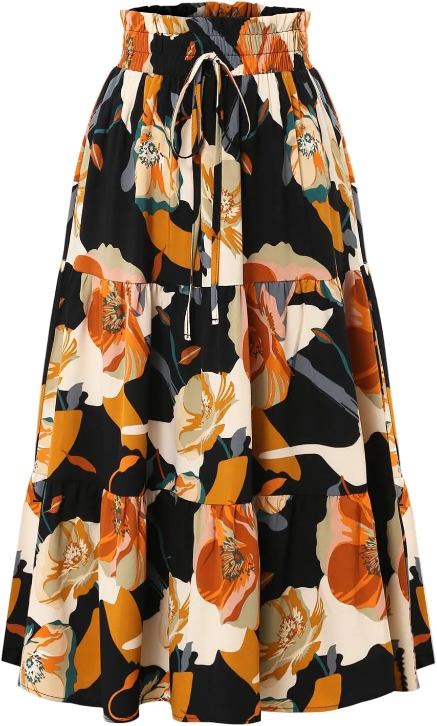 Midi Skirts for Women Trendy Solid Color Boho Elastic High Waist Pleated A-Line Flowy Swing Tiered Long Beach Skirt Dress