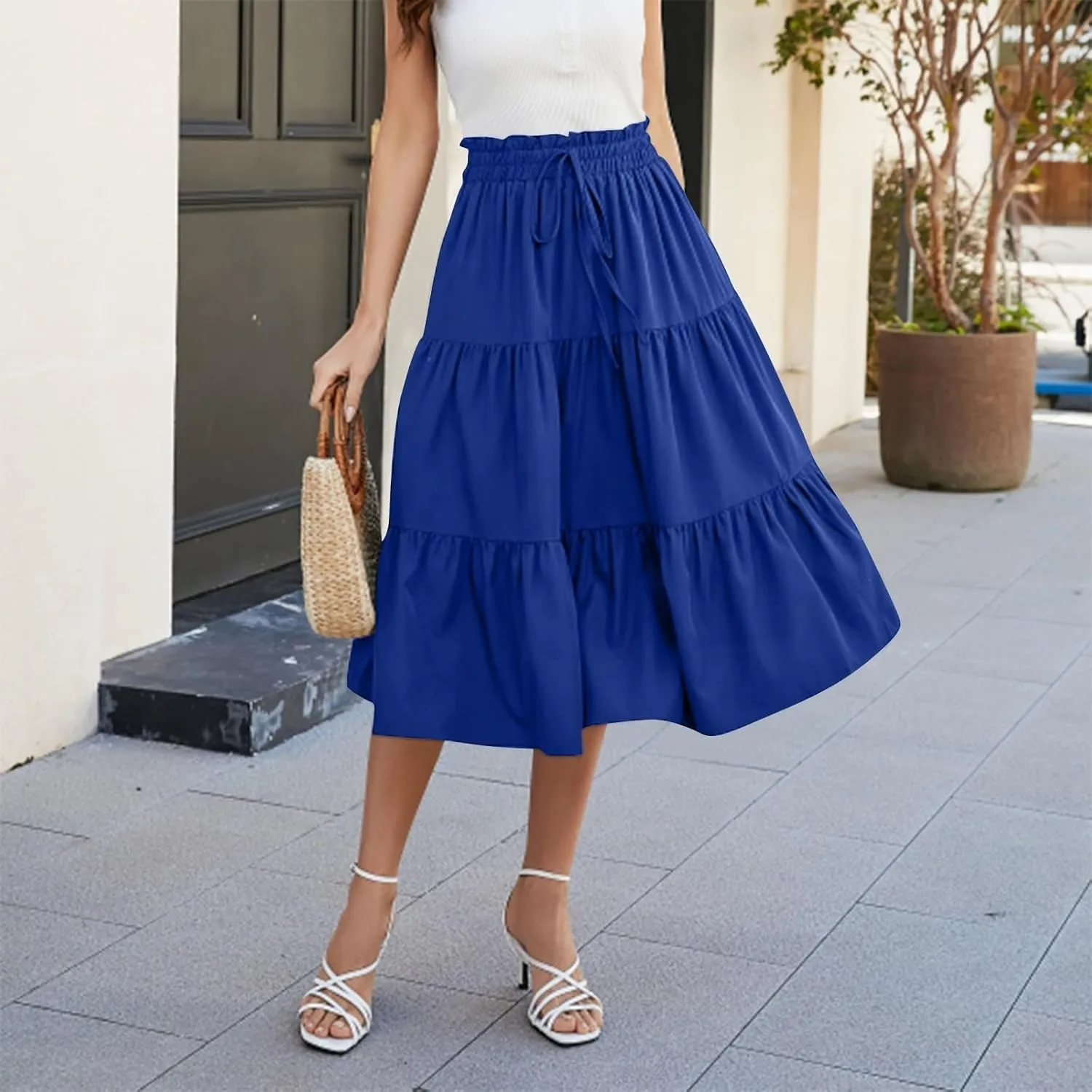 Midi Skirts for Women Trendy Solid Color Boho Elastic High Waist Pleated A-Line Flowy Swing Tiered Long Beach Skirt Dress