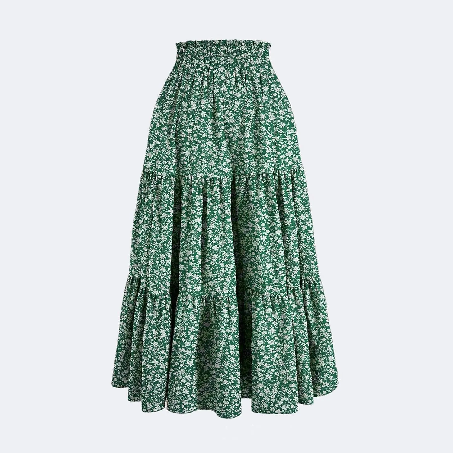 Midi Skirts for Women Trendy Solid Color Boho Elastic High Waist Pleated A-Line Flowy Swing Tiered Long Beach Skirt Dress