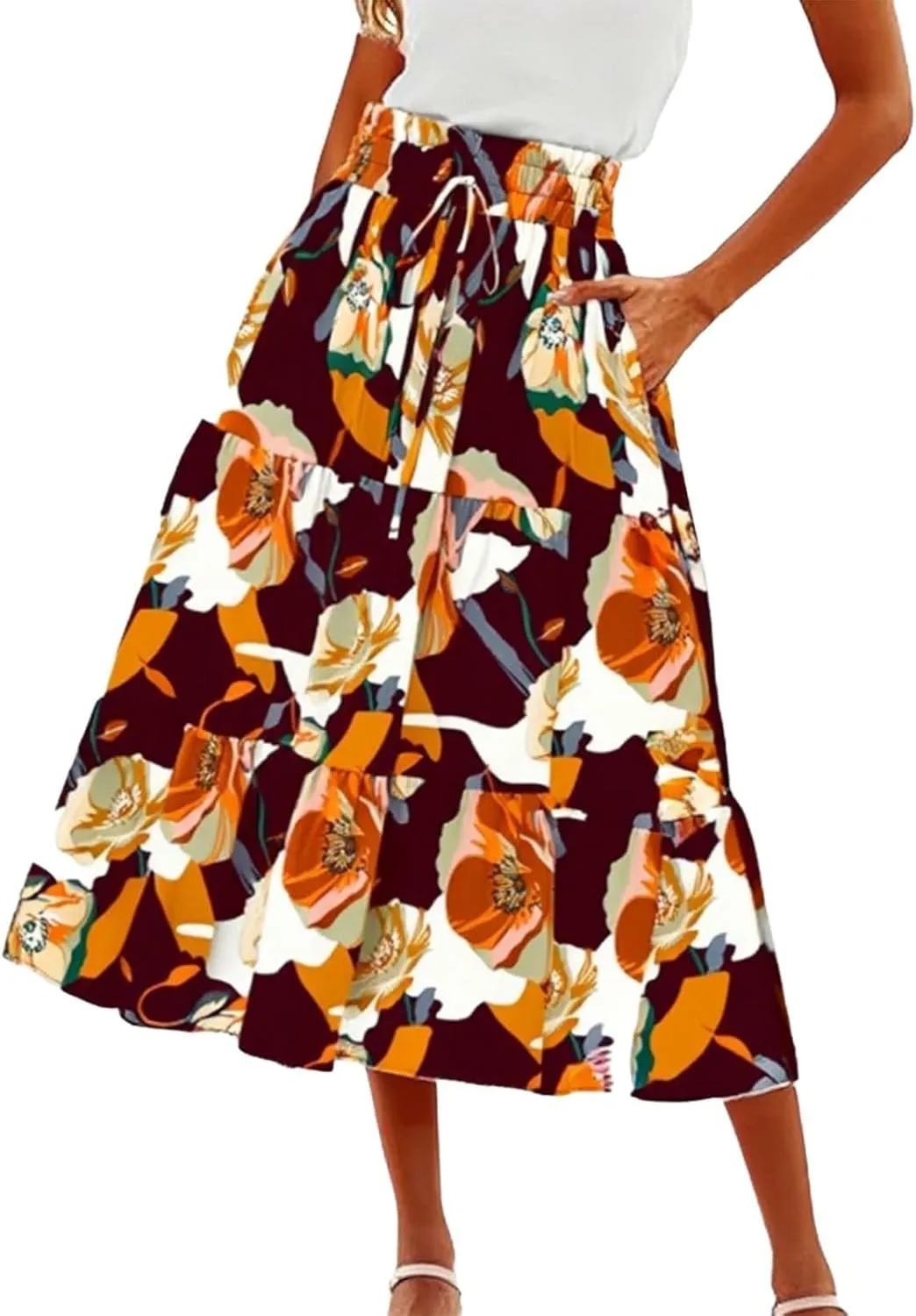 Midi Skirts for Women Trendy Solid Color Boho Elastic High Waist Pleated A-Line Flowy Swing Tiered Long Beach Skirt Dress