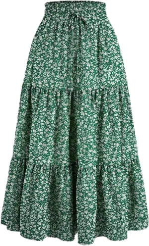 Midi Skirts for Women Trendy Solid Color Boho Elastic High Waist Pleated A-Line Flowy Swing Tiered Long Beach Skirt Dress