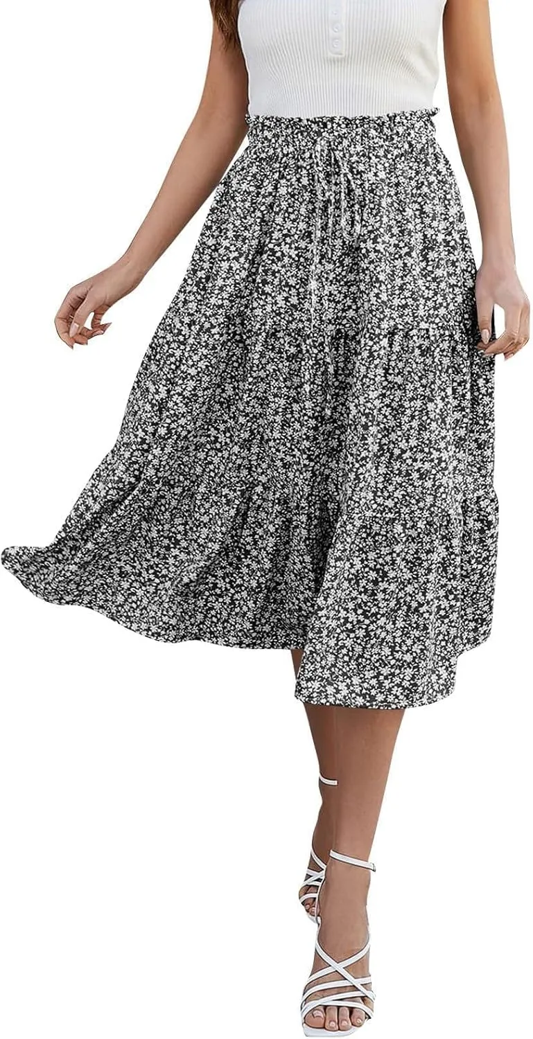 Midi Skirts for Women Trendy Solid Color Boho Elastic High Waist Pleated A-Line Flowy Swing Tiered Long Beach Skirt Dress