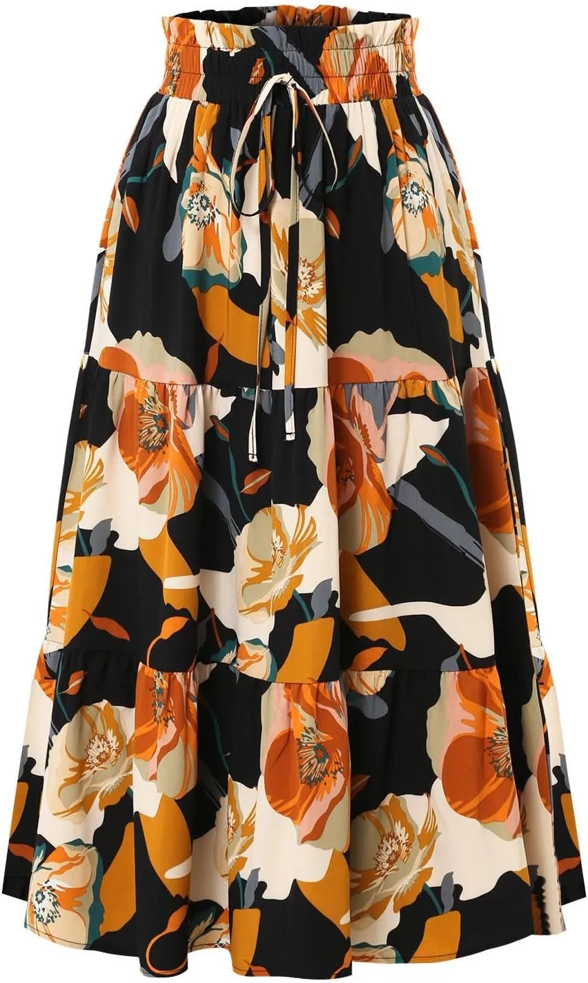 Midi Skirts for Women Trendy Solid Color Boho Elastic High Waist Pleated A-Line Flowy Swing Tiered Long Beach Skirt Dress