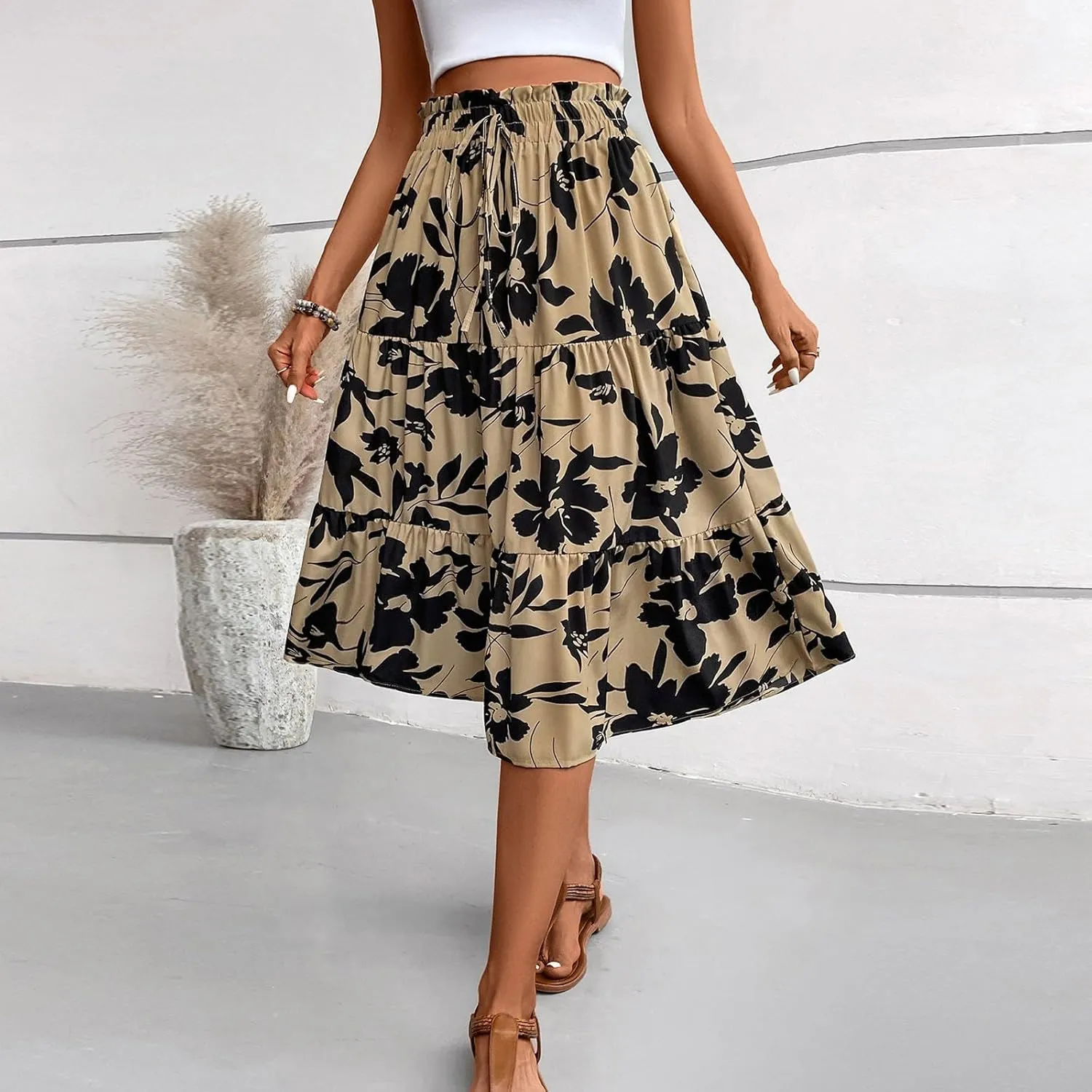 Midi Skirts for Women Trendy Solid Color Boho Elastic High Waist Pleated A-Line Flowy Swing Tiered Long Beach Skirt Dress