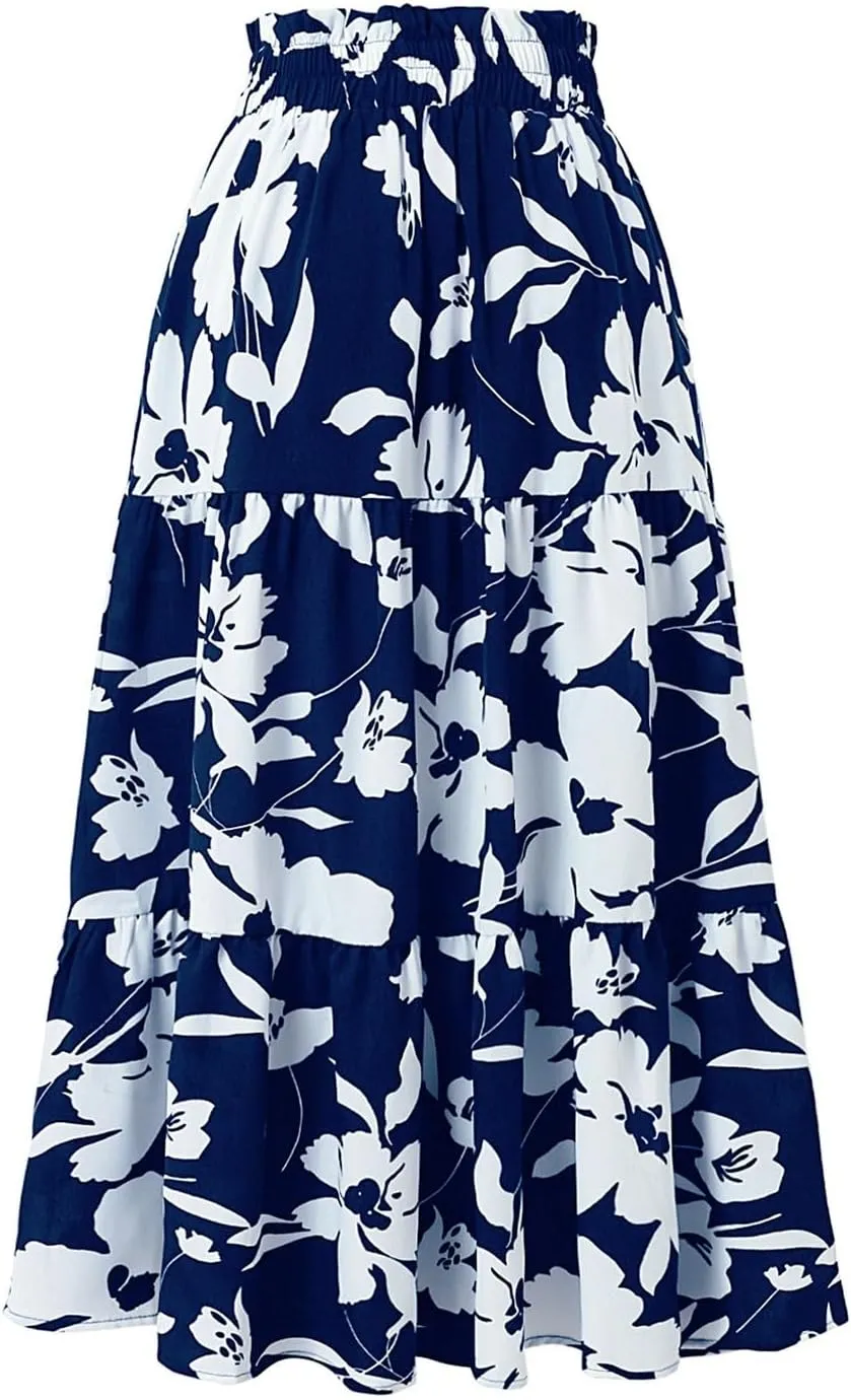 Midi Skirts for Women Trendy Solid Color Boho Elastic High Waist Pleated A-Line Flowy Swing Tiered Long Beach Skirt Dress