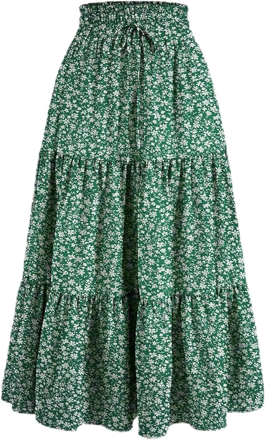 Midi Skirts for Women Trendy Solid Color Boho Elastic High Waist Pleated A-Line Flowy Swing Tiered Long Beach Skirt Dress