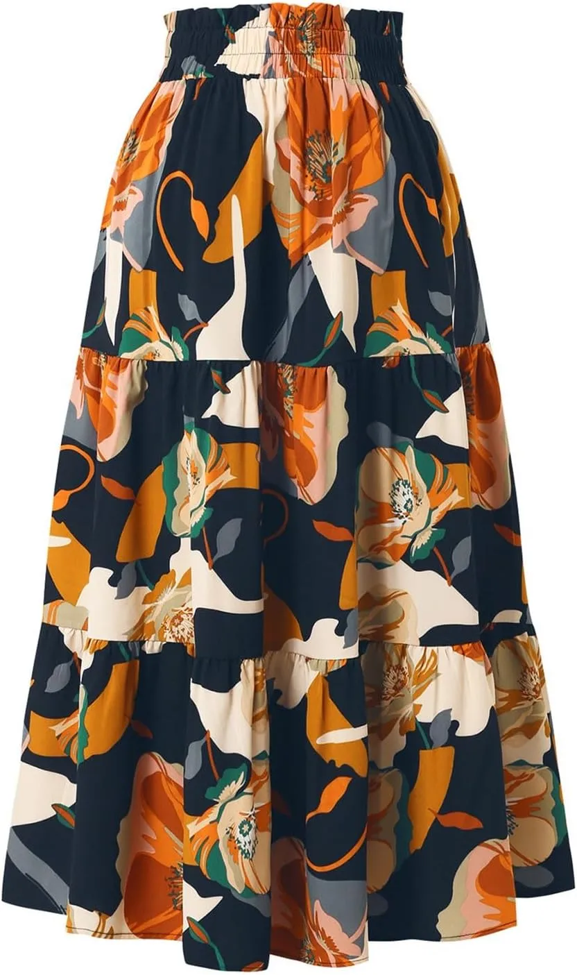 Midi Skirts for Women Trendy Solid Color Boho Elastic High Waist Pleated A-Line Flowy Swing Tiered Long Beach Skirt Dress