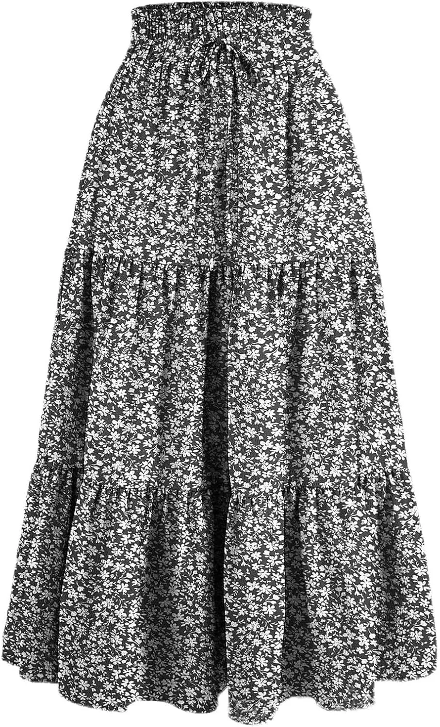 Midi Skirts for Women Trendy Solid Color Boho Elastic High Waist Pleated A-Line Flowy Swing Tiered Long Beach Skirt Dress