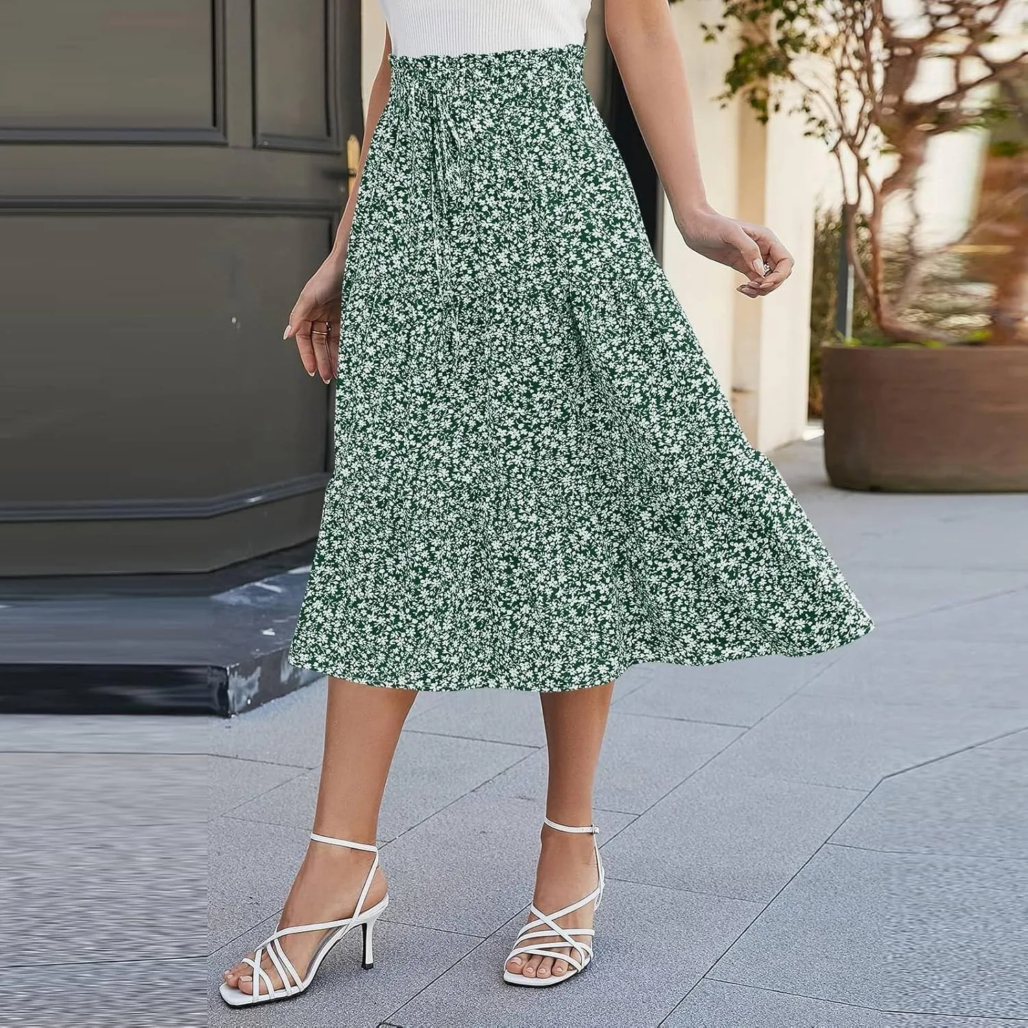 Midi Skirts for Women Trendy Solid Color Boho Elastic High Waist Pleated A-Line Flowy Swing Tiered Long Beach Skirt Dress