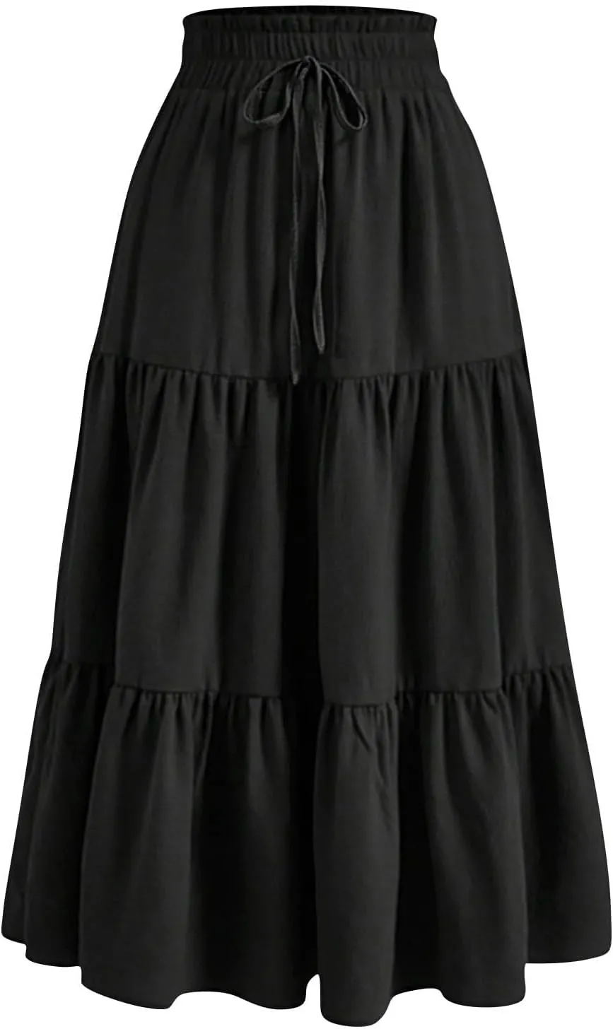 Midi Skirts for Women Trendy Solid Color Boho Elastic High Waist Pleated A-Line Flowy Swing Tiered Long Beach Skirt Dress