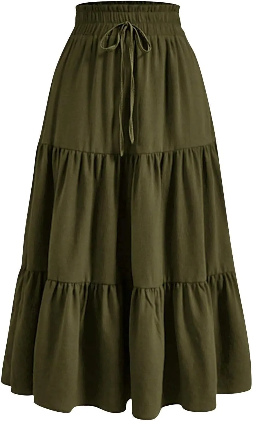 Midi Skirts for Women Trendy Solid Color Boho Elastic High Waist Pleated A-Line Flowy Swing Tiered Long Beach Skirt Dress