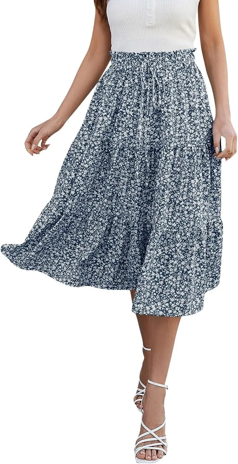Midi Skirts for Women Trendy Solid Color Boho Elastic High Waist Pleated A-Line Flowy Swing Tiered Long Beach Skirt Dress