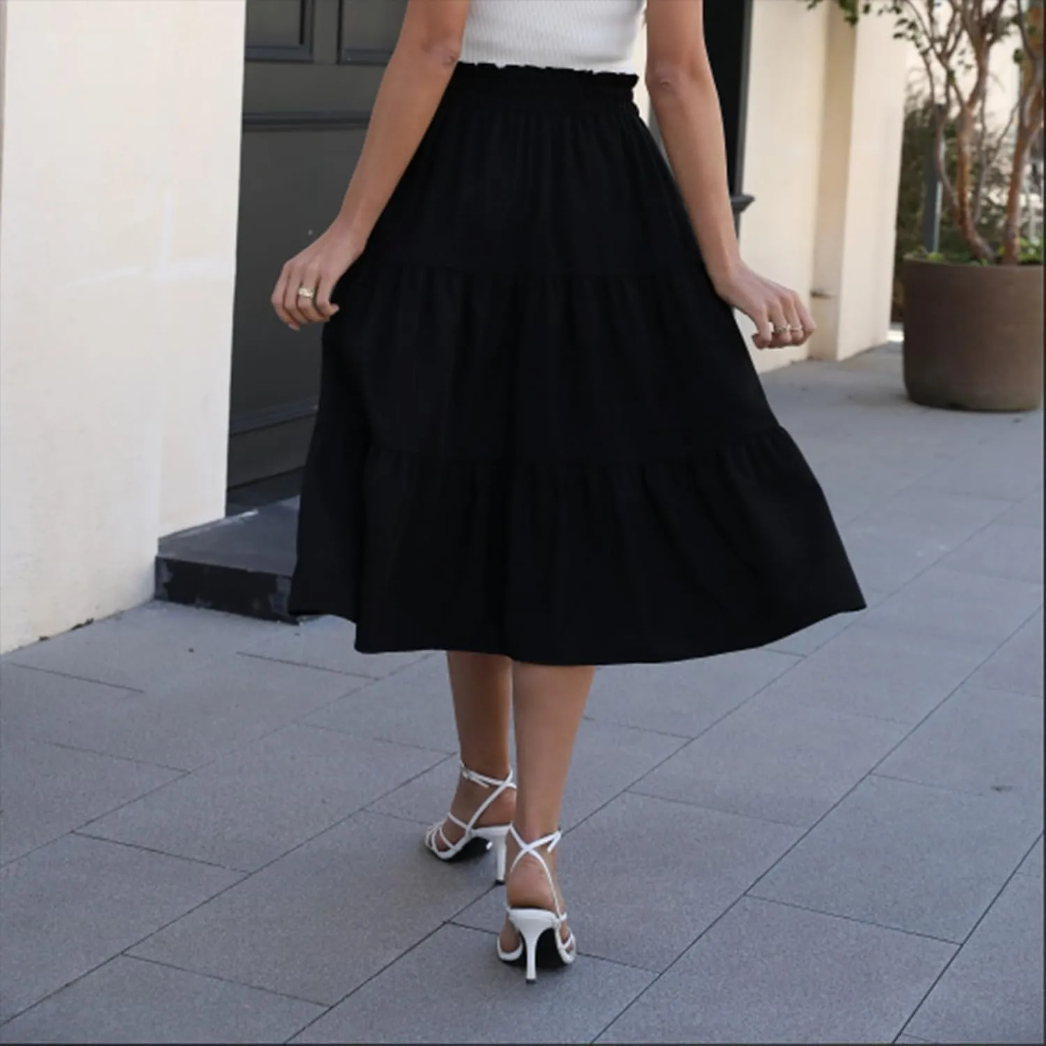 Midi Skirts for Women Trendy Solid Color Boho Elastic High Waist Pleated A-Line Flowy Swing Tiered Long Beach Skirt Dress