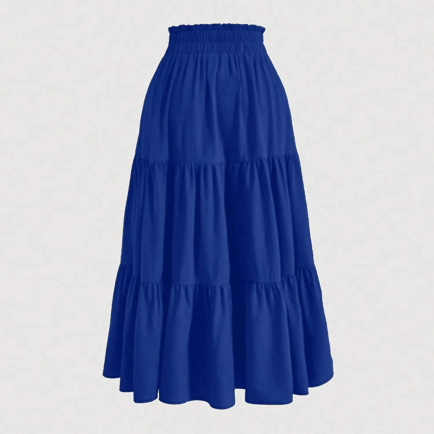 Midi Skirts for Women Trendy Solid Color Boho Elastic High Waist Pleated A-Line Flowy Swing Tiered Long Beach Skirt Dress