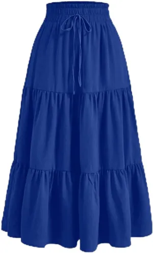 Midi Skirts for Women Trendy Solid Color Boho Elastic High Waist Pleated A-Line Flowy Swing Tiered Long Beach Skirt Dress