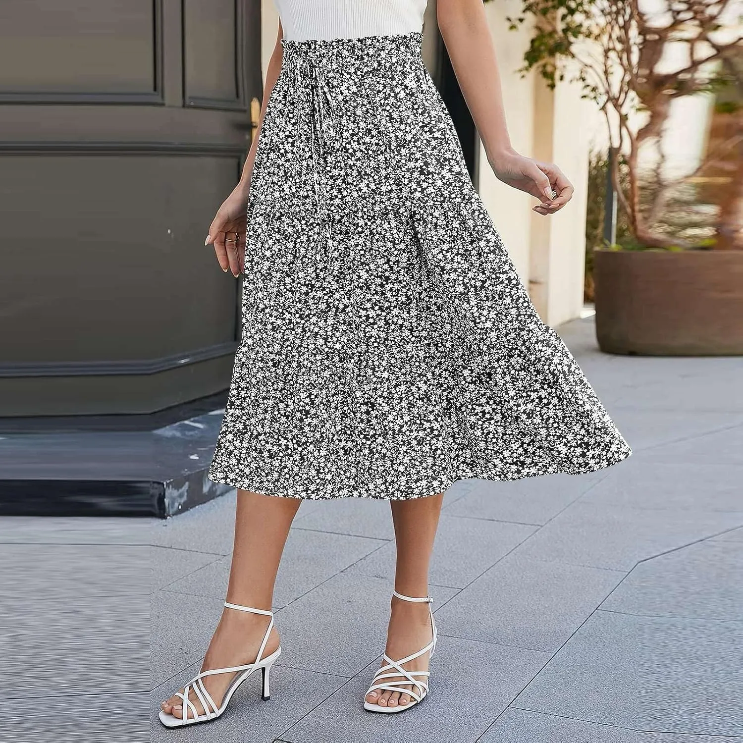 Midi Skirts for Women Trendy Solid Color Boho Elastic High Waist Pleated A-Line Flowy Swing Tiered Long Beach Skirt Dress
