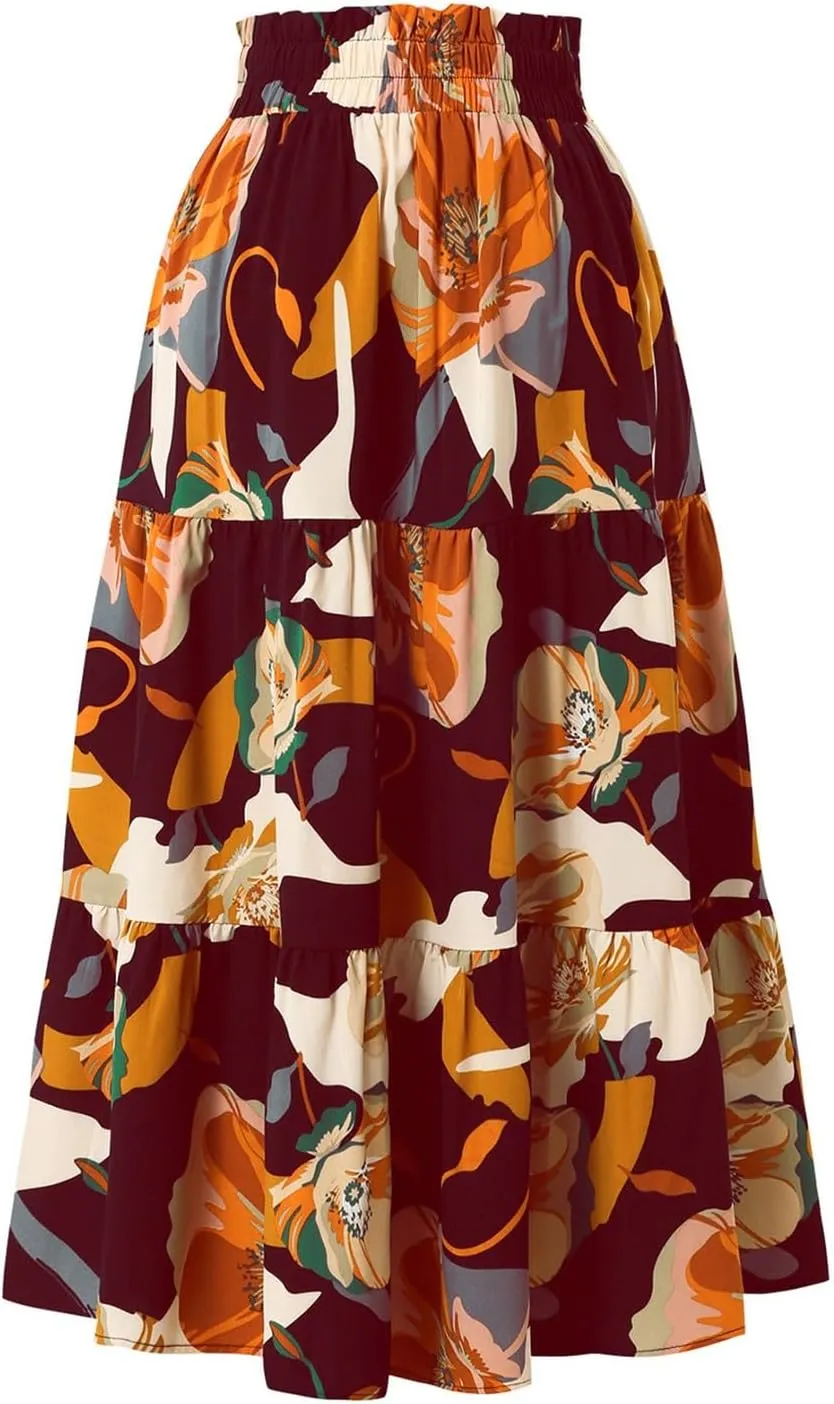 Midi Skirts for Women Trendy Solid Color Boho Elastic High Waist Pleated A-Line Flowy Swing Tiered Long Beach Skirt Dress