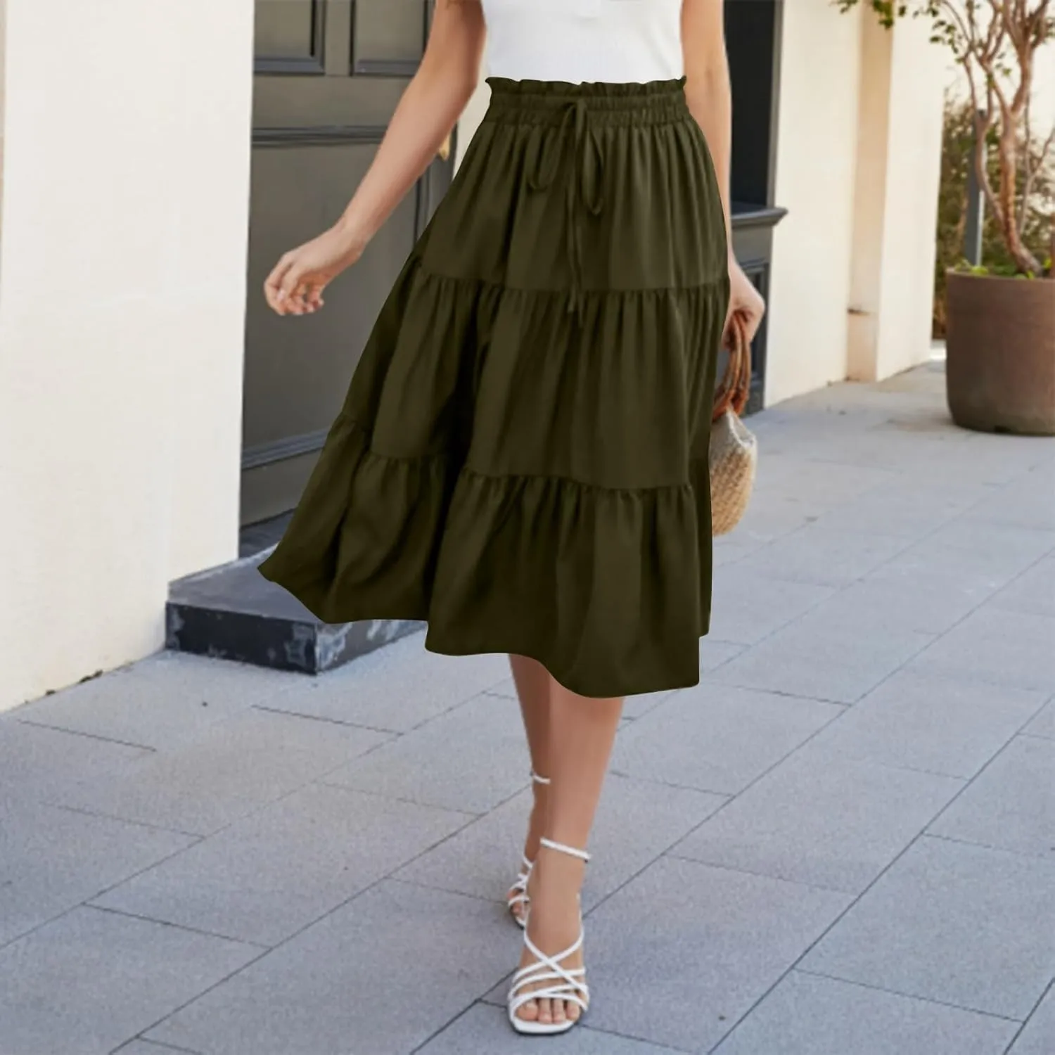 Midi Skirts for Women Trendy Solid Color Boho Elastic High Waist Pleated A-Line Flowy Swing Tiered Long Beach Skirt Dress