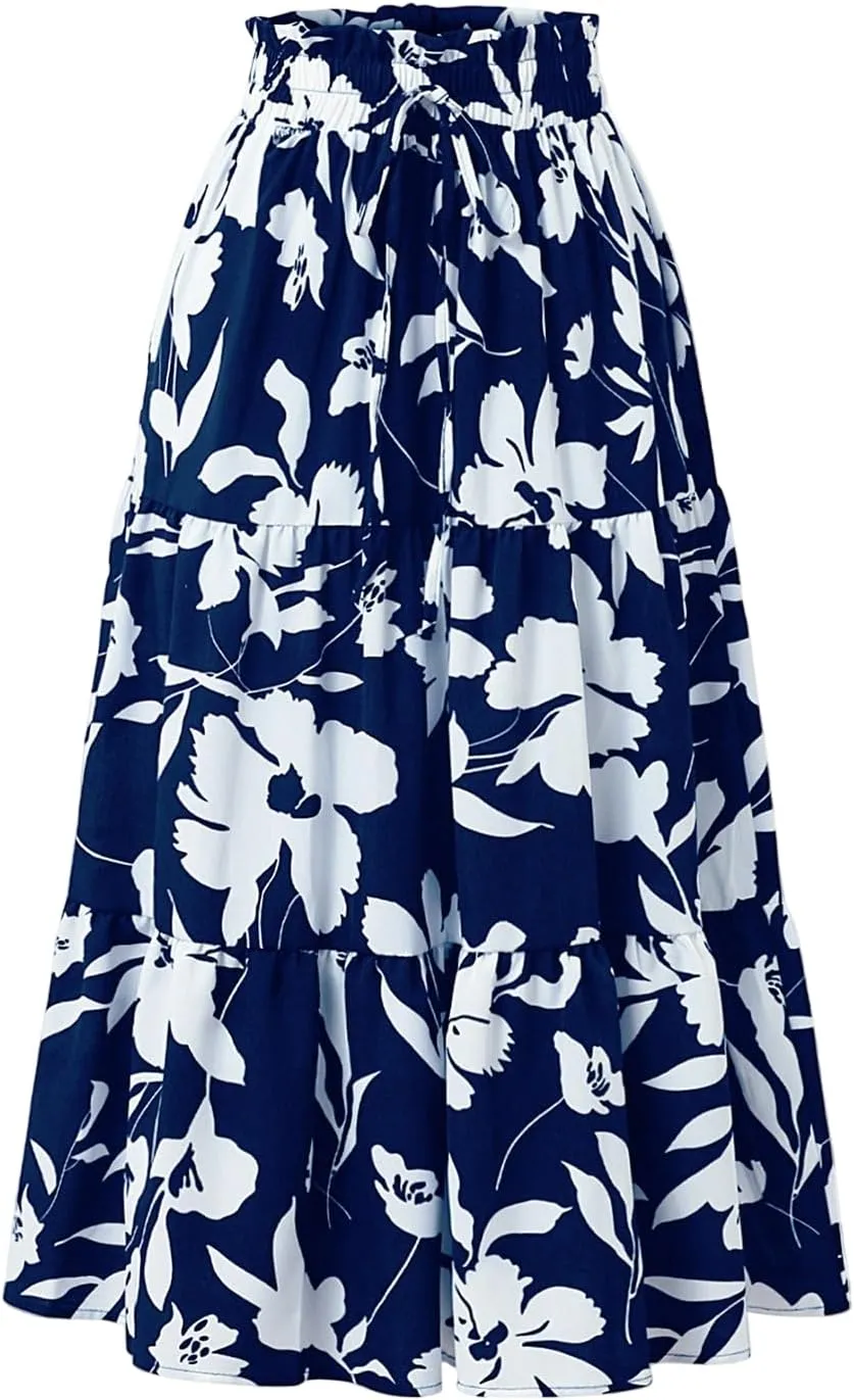 Midi Skirts for Women Trendy Solid Color Boho Elastic High Waist Pleated A-Line Flowy Swing Tiered Long Beach Skirt Dress