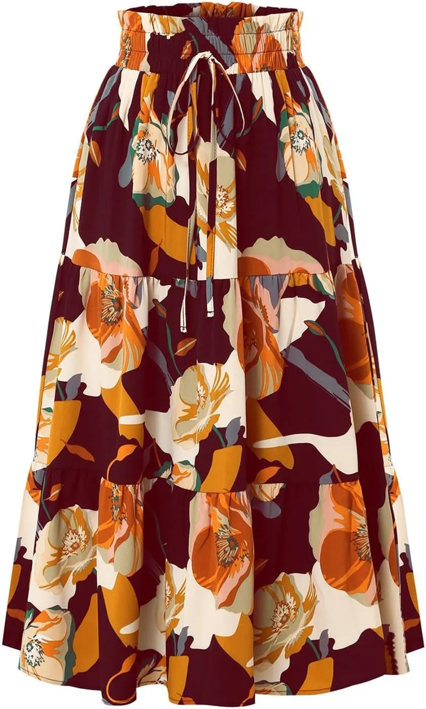 Midi Skirts for Women Trendy Solid Color Boho Elastic High Waist Pleated A-Line Flowy Swing Tiered Long Beach Skirt Dress