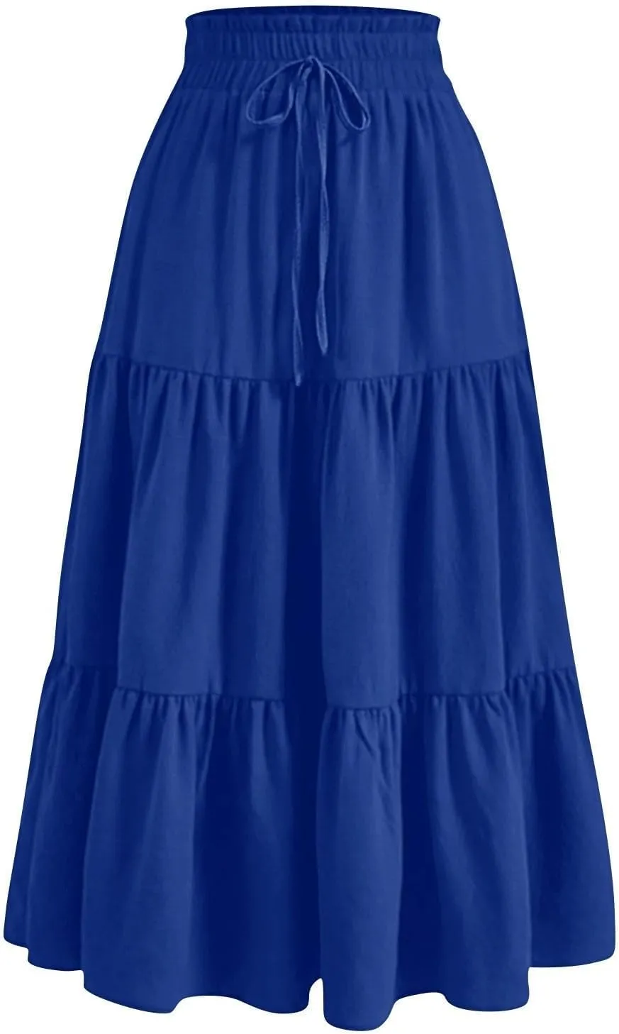 Midi Skirts for Women Trendy Solid Color Boho Elastic High Waist Pleated A-Line Flowy Swing Tiered Long Beach Skirt Dress