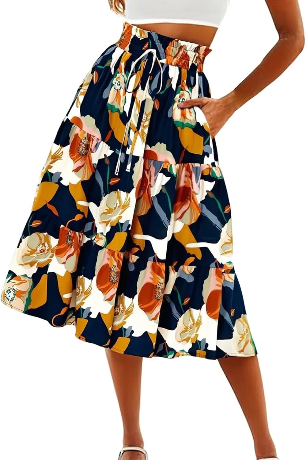 Midi Skirts for Women Trendy Solid Color Boho Elastic High Waist Pleated A-Line Flowy Swing Tiered Long Beach Skirt Dress