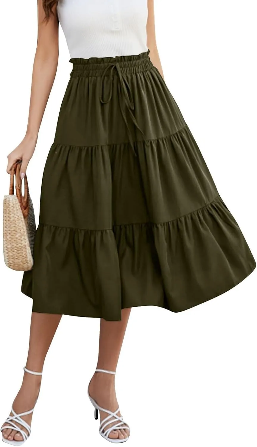 Midi Skirts for Women Trendy Solid Color Boho Elastic High Waist Pleated A-Line Flowy Swing Tiered Long Beach Skirt Dress