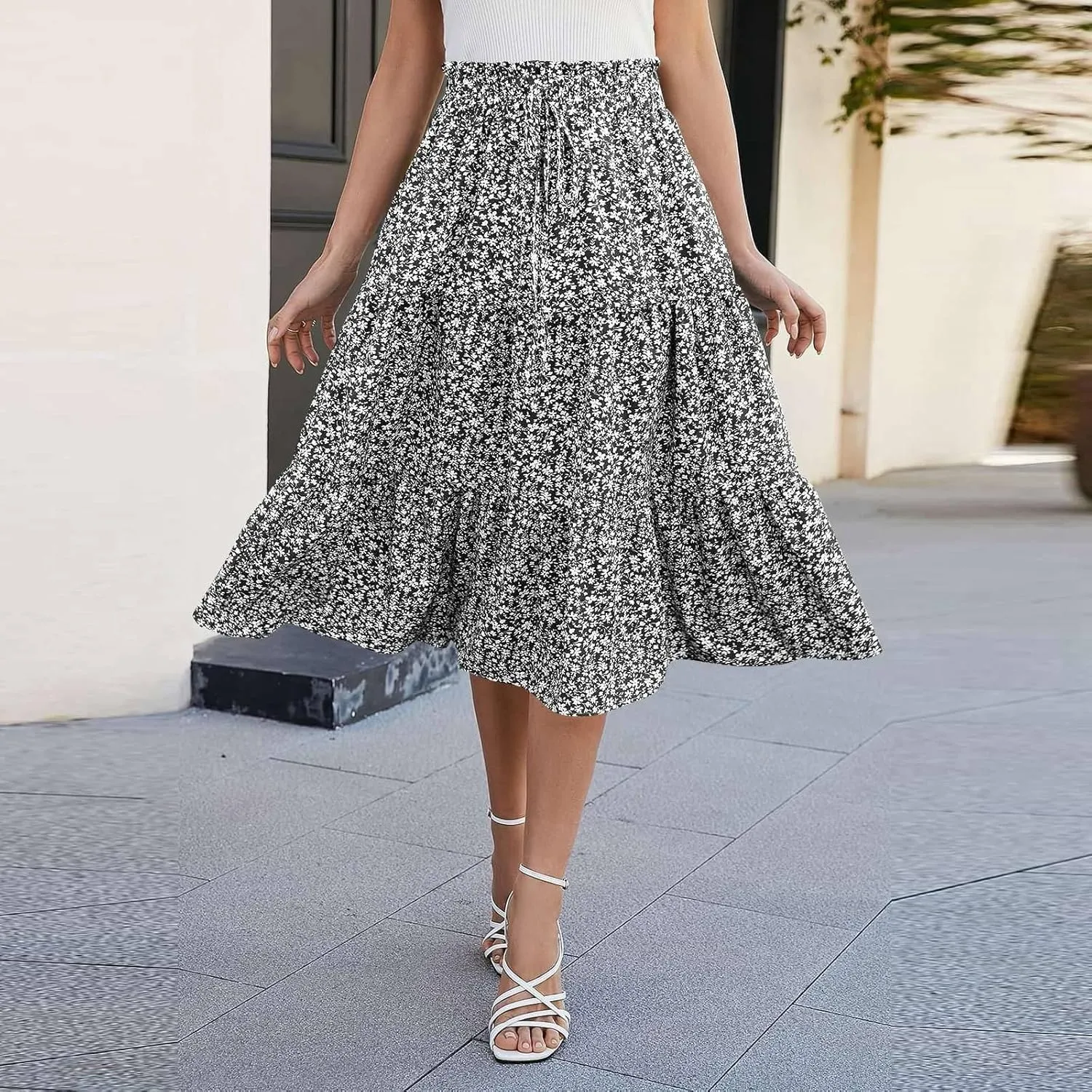 Midi Skirts for Women Trendy Solid Color Boho Elastic High Waist Pleated A-Line Flowy Swing Tiered Long Beach Skirt Dress
