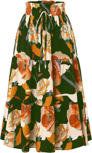 Midi Skirts for Women Trendy Solid Color Boho Elastic High Waist Pleated A-Line Flowy Swing Tiered Long Beach Skirt Dress