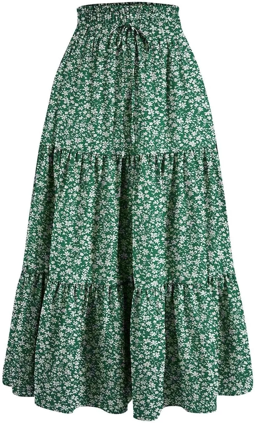 Midi Skirts for Women Trendy Solid Color Boho Elastic High Waist Pleated A-Line Flowy Swing Tiered Long Beach Skirt Dress