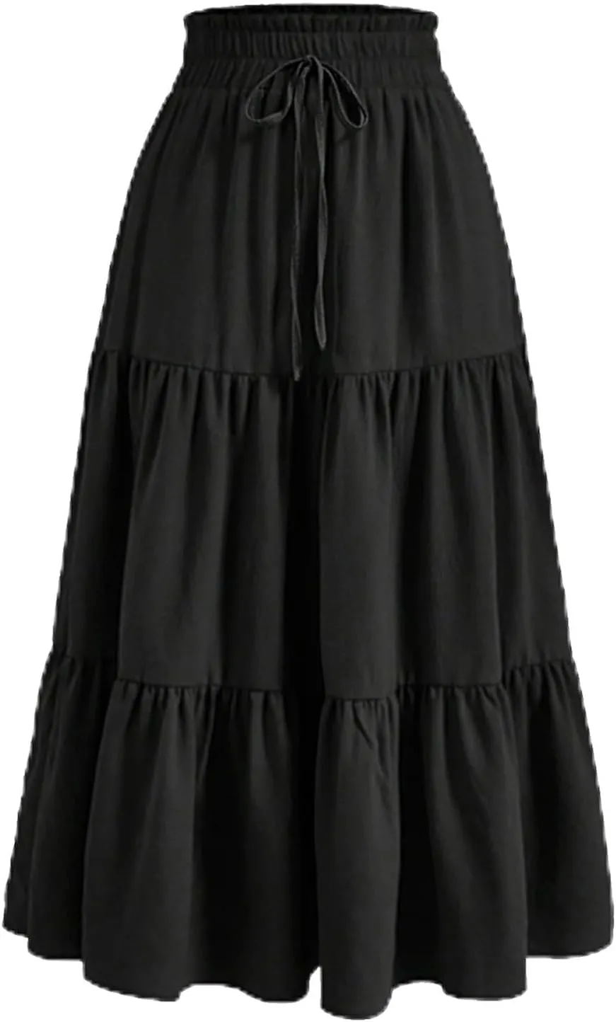 Midi Skirts for Women Trendy Solid Color Boho Elastic High Waist Pleated A-Line Flowy Swing Tiered Long Beach Skirt Dress