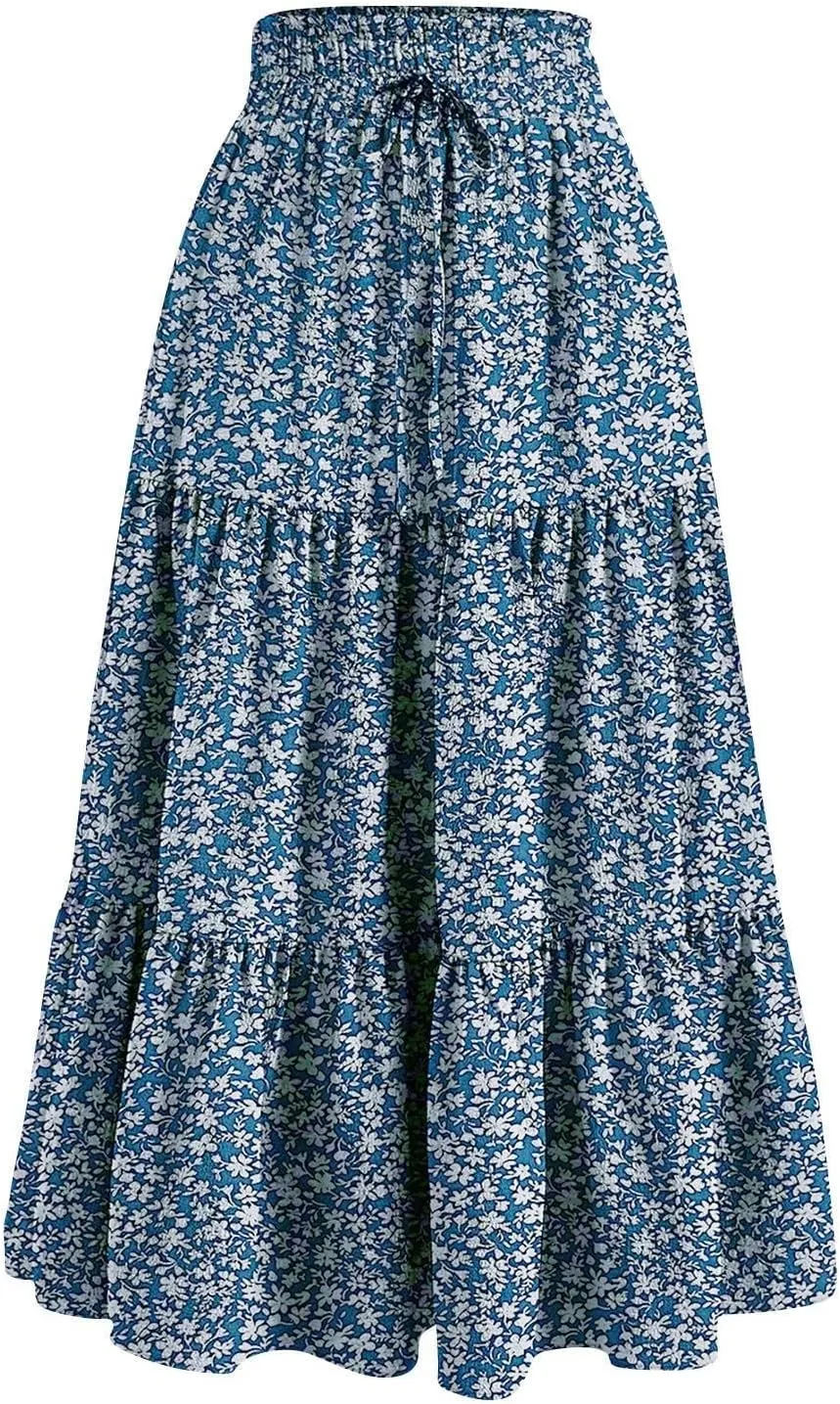 Midi Skirts for Women Trendy Solid Color Boho Elastic High Waist Pleated A-Line Flowy Swing Tiered Long Beach Skirt Dress