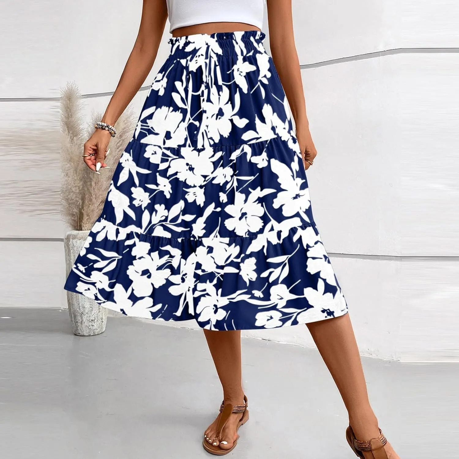 Midi Skirts for Women Trendy Solid Color Boho Elastic High Waist Pleated A-Line Flowy Swing Tiered Long Beach Skirt Dress