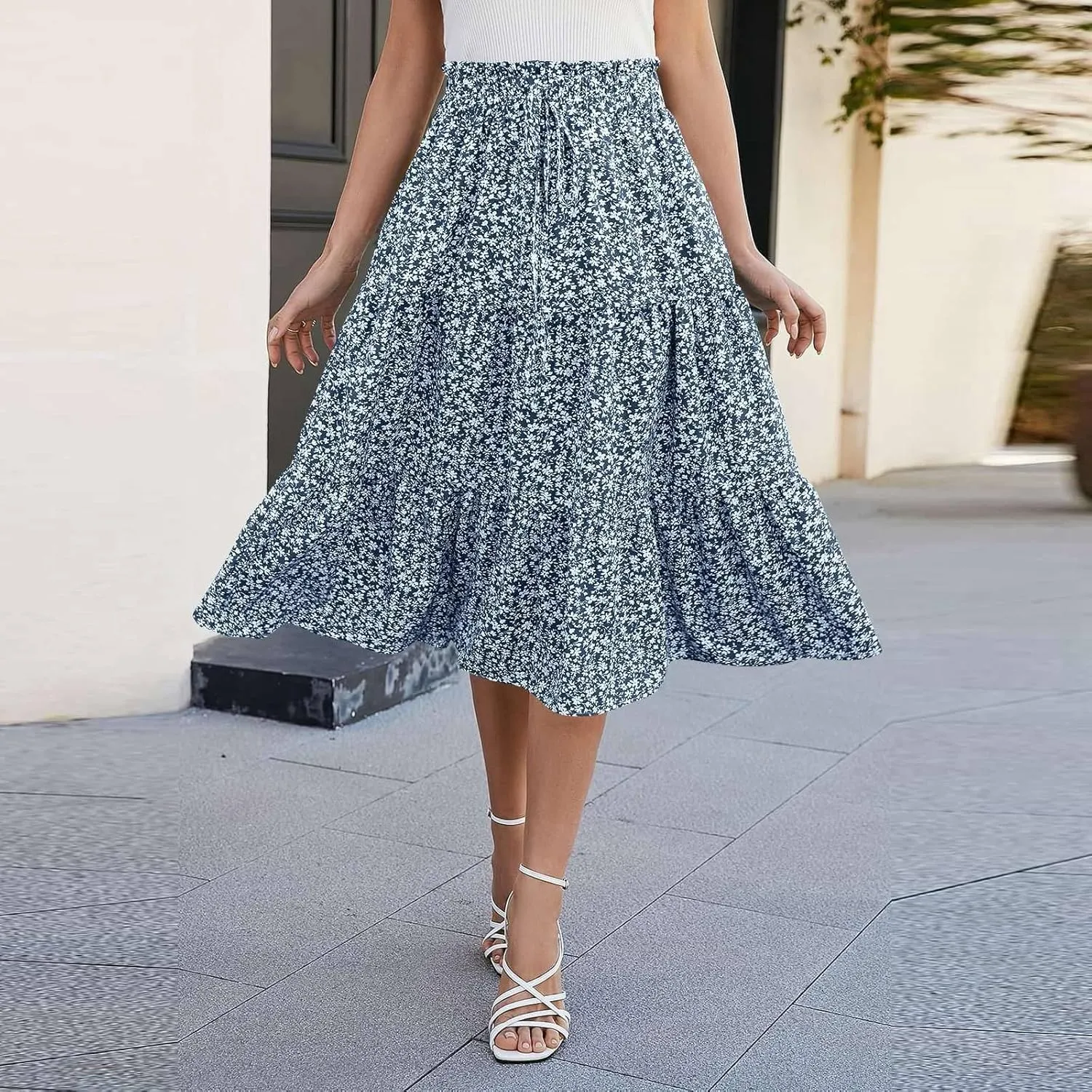 Midi Skirts for Women Trendy Solid Color Boho Elastic High Waist Pleated A-Line Flowy Swing Tiered Long Beach Skirt Dress