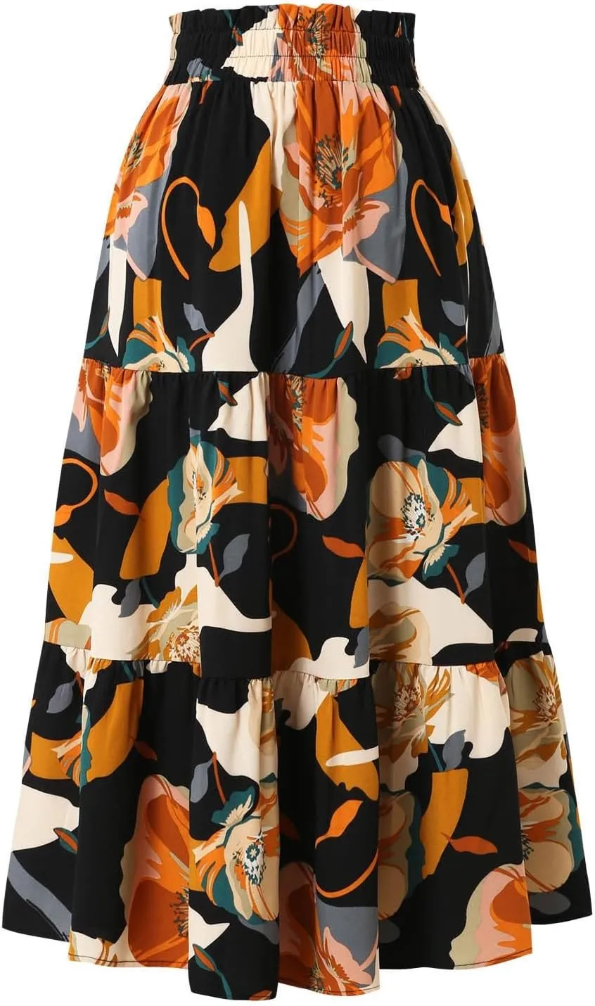 Midi Skirts for Women Trendy Solid Color Boho Elastic High Waist Pleated A-Line Flowy Swing Tiered Long Beach Skirt Dress