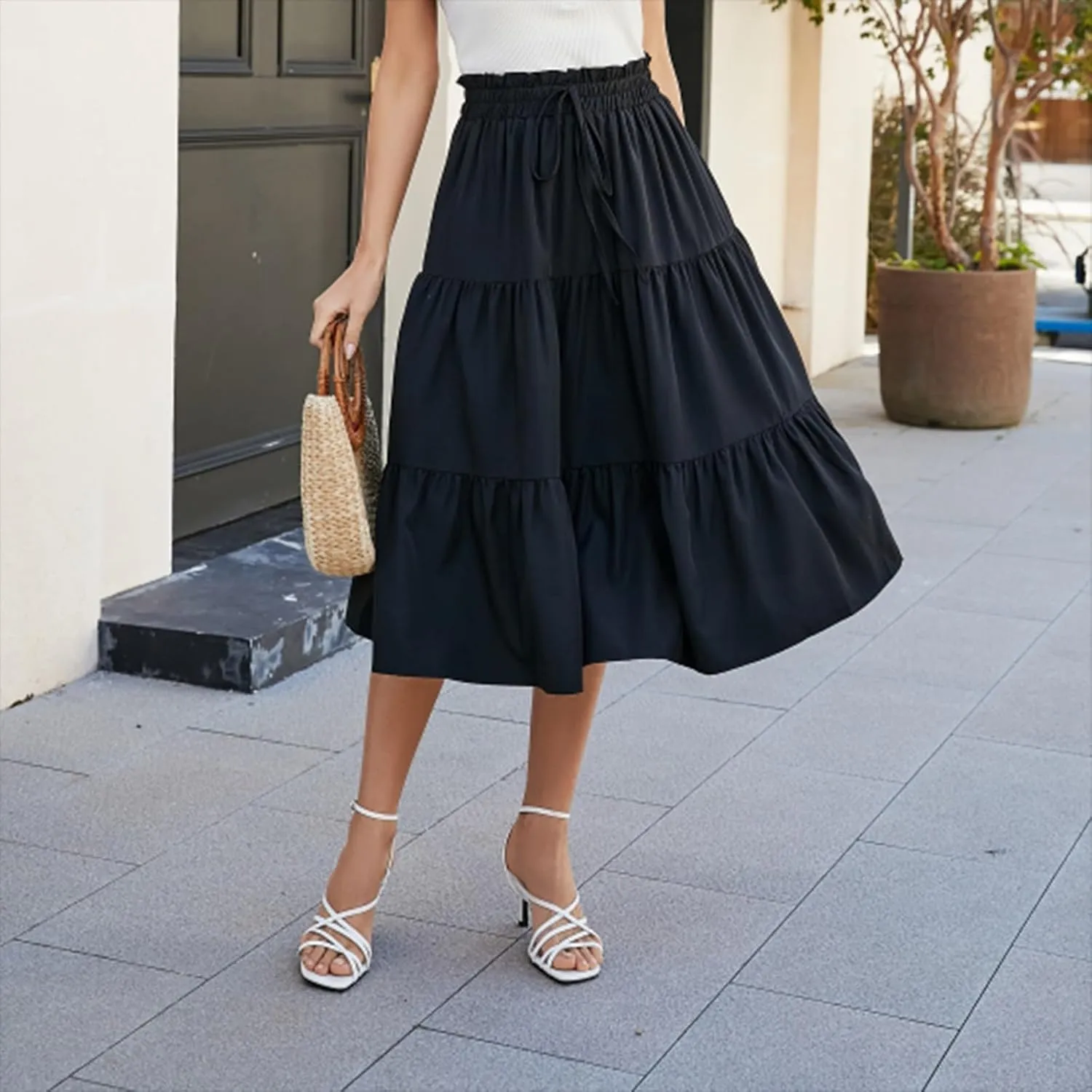 Midi Skirts for Women Trendy Solid Color Boho Elastic High Waist Pleated A-Line Flowy Swing Tiered Long Beach Skirt Dress