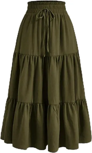 Midi Skirts for Women Trendy Solid Color Boho Elastic High Waist Pleated A-Line Flowy Swing Tiered Long Beach Skirt Dress